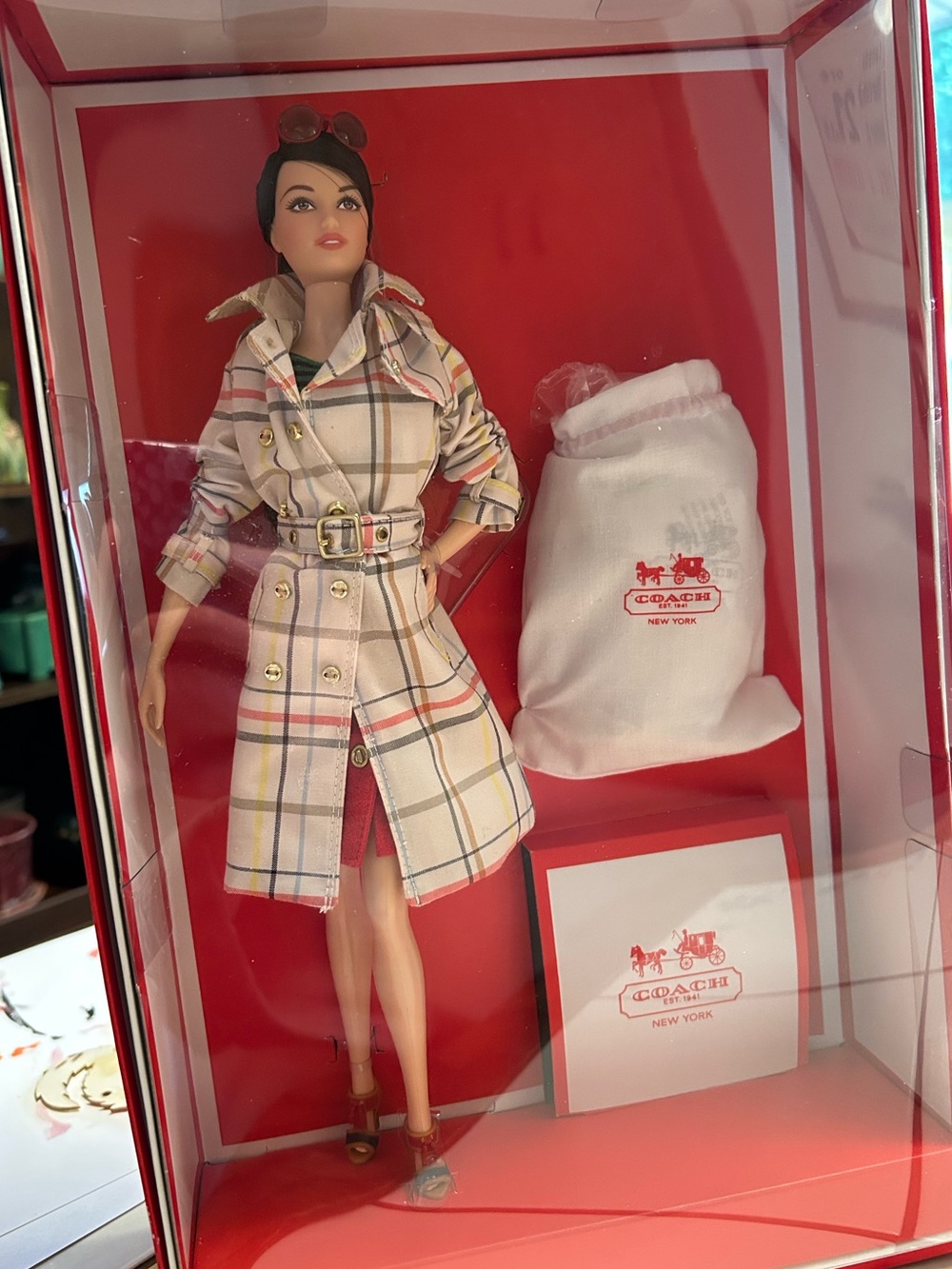 Coach Barbie Doll in Beige Plaid Trench Coat with Red Accents and surprise purse